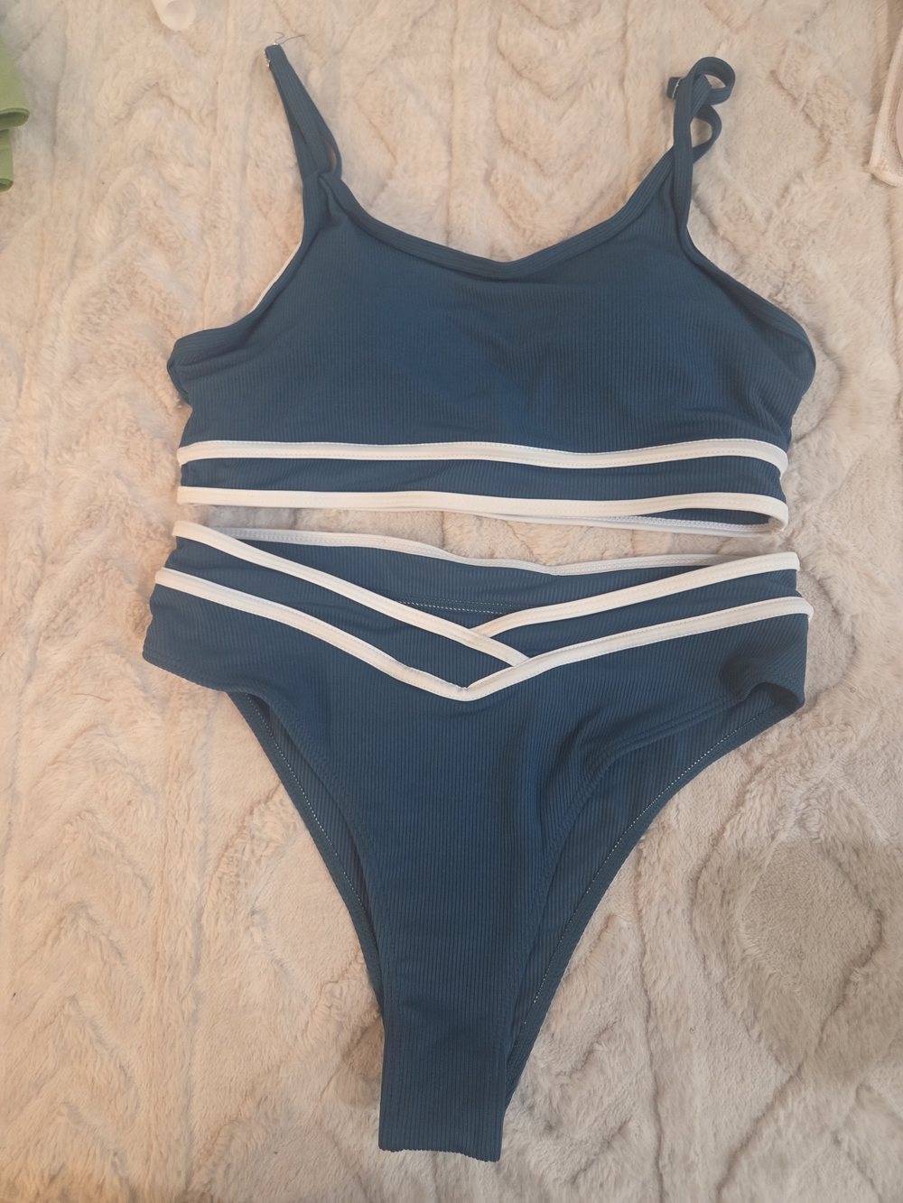 Womans Blue Two-Piece Style Swim Set with White Trim Swimsuit Swimwear Size Med